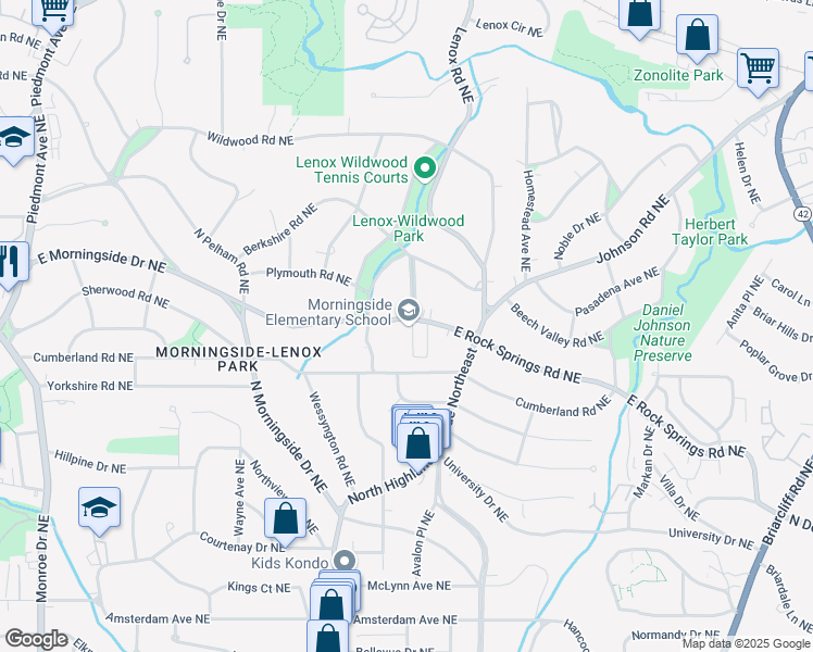 map of restaurants, bars, coffee shops, grocery stores, and more near 1053 East Rock Springs Road Northeast in Atlanta