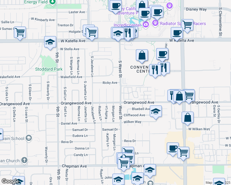 map of restaurants, bars, coffee shops, grocery stores, and more near 11402 Morgan Lane in Garden Grove