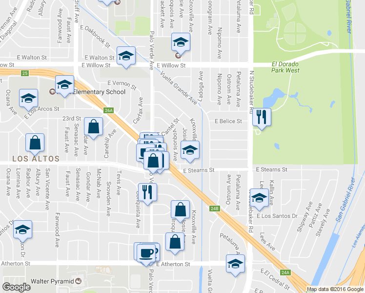 map of restaurants, bars, coffee shops, grocery stores, and more near 2241 Josie Avenue in Long Beach