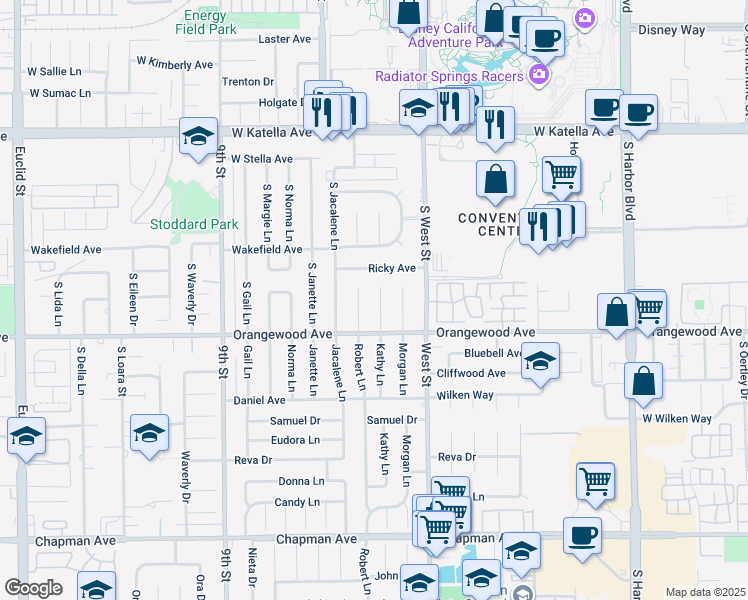 map of restaurants, bars, coffee shops, grocery stores, and more near 11401 Kathy Lane in Garden Grove