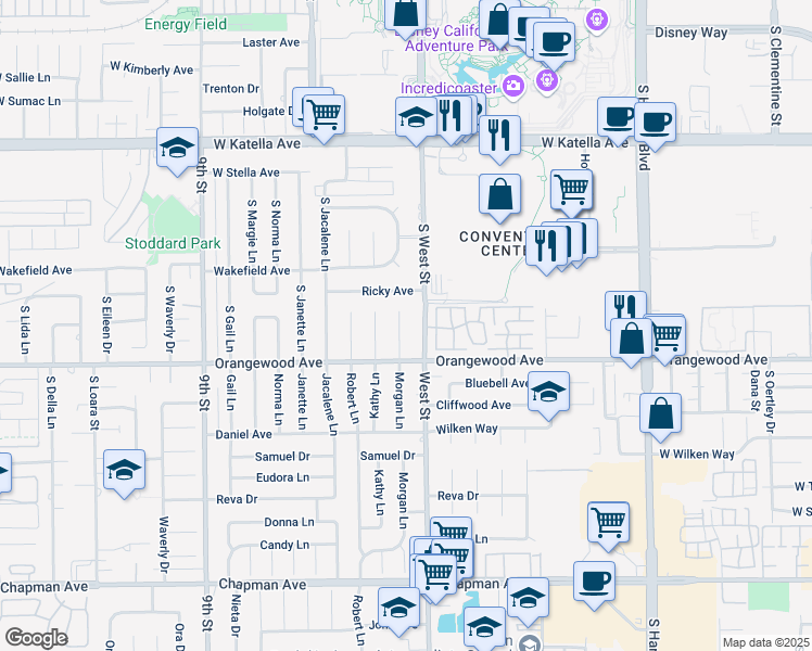 map of restaurants, bars, coffee shops, grocery stores, and more near 11402 Morgan Lane in Garden Grove