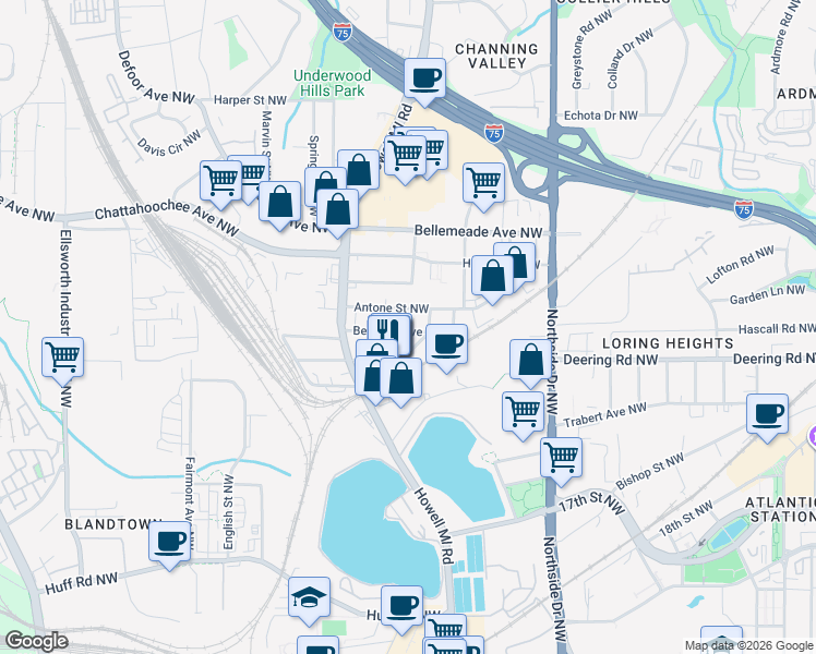 map of restaurants, bars, coffee shops, grocery stores, and more near 777 Forrest Street Northwest in Atlanta