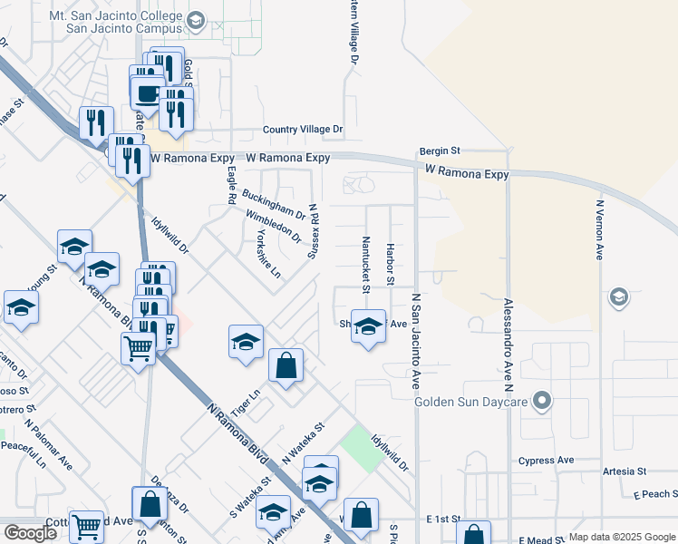 map of restaurants, bars, coffee shops, grocery stores, and more near 268 Starboard Court in San Jacinto
