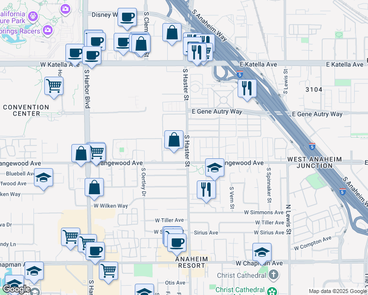 map of restaurants, bars, coffee shops, grocery stores, and more near 2045 Haster Street in Anaheim