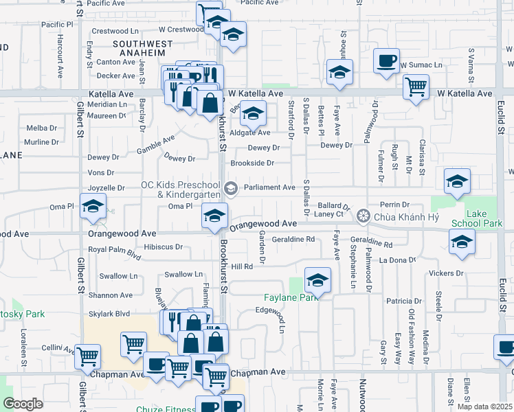 map of restaurants, bars, coffee shops, grocery stores, and more near 10136 Montecito Plaza in Garden Grove