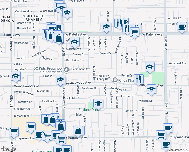 map of restaurants, bars, coffee shops, grocery stores, and more near South Dallas Drive & Ballard Drive in Garden Grove