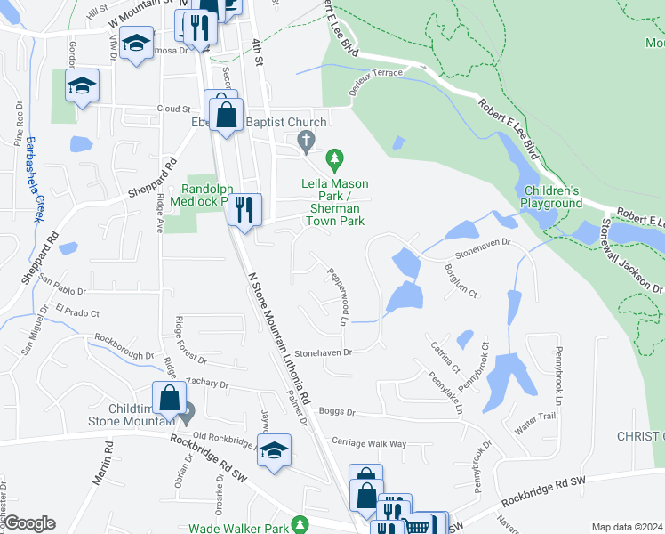 map of restaurants, bars, coffee shops, grocery stores, and more near 696 Pepperwood Lane in Stone Mountain