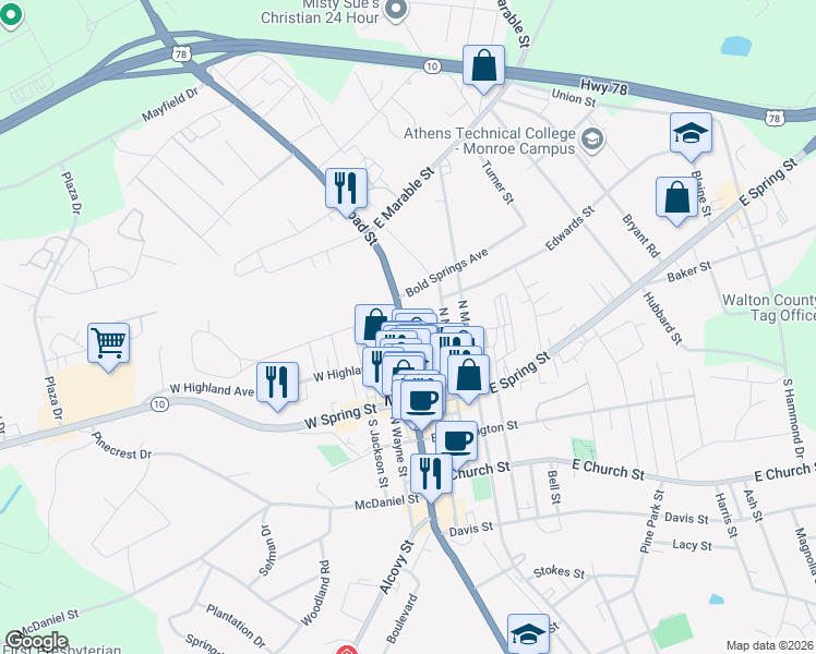 map of restaurants, bars, coffee shops, grocery stores, and more near 238 North Broad Street in Monroe