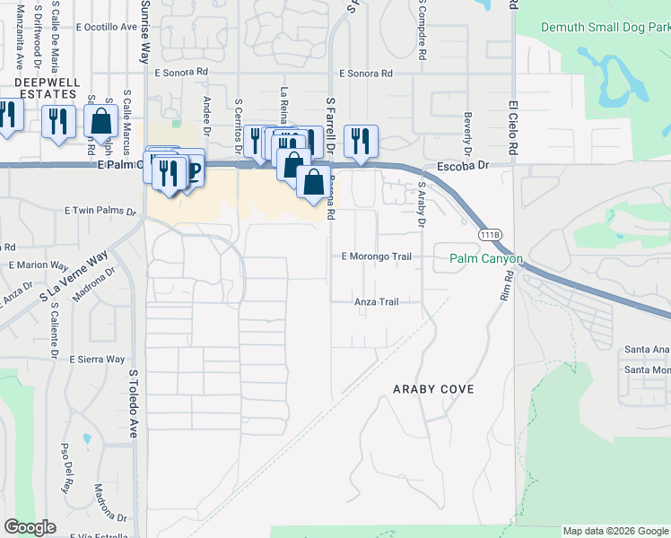 map of restaurants, bars, coffee shops, grocery stores, and more near 1965 Rancho Vista Trail in Palm Springs