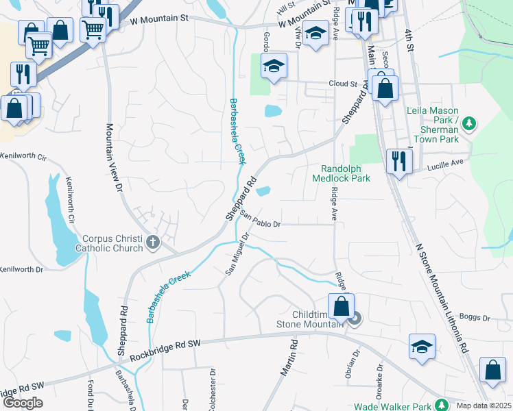 map of restaurants, bars, coffee shops, grocery stores, and more near 612 San Pablo Court in Stone Mountain