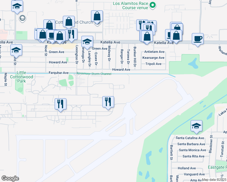 map of restaurants, bars, coffee shops, grocery stores, and more near 11302 Independence Road in Los Alamitos