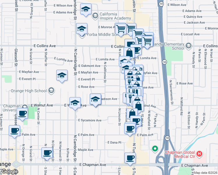 map of restaurants, bars, coffee shops, grocery stores, and more near 583 North California Street in Orange