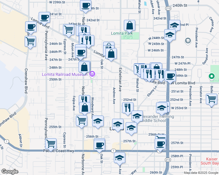 map of restaurants, bars, coffee shops, grocery stores, and more near 25032 Oak Street in Lomita