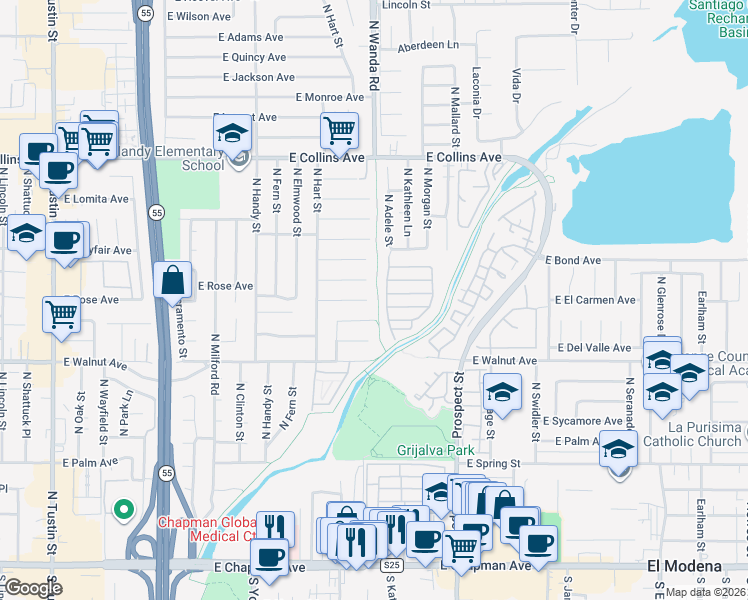 map of restaurants, bars, coffee shops, grocery stores, and more near 2929 East Hamilton Avenue in Orange