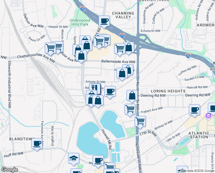 map of restaurants, bars, coffee shops, grocery stores, and more near 735 Antone Street Northwest in Atlanta