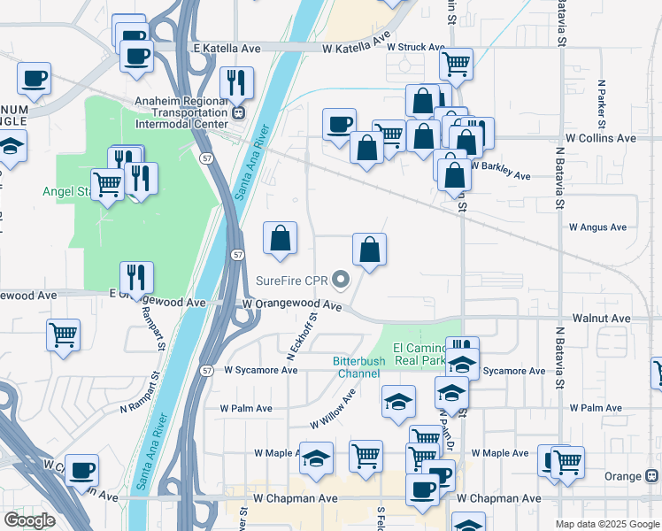 map of restaurants, bars, coffee shops, grocery stores, and more near 1846 West Sequoia Avenue in Orange