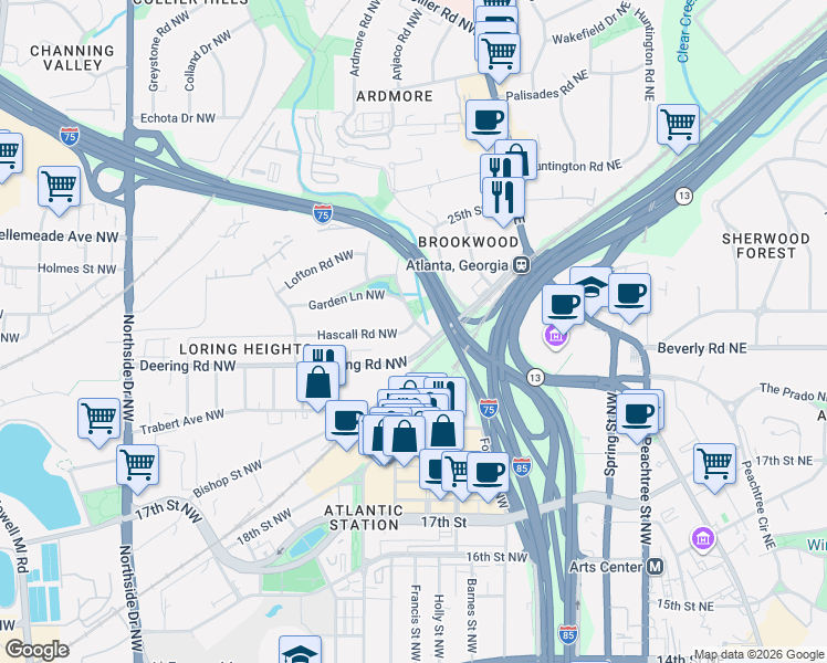 map of restaurants, bars, coffee shops, grocery stores, and more near 1590 Loring Drive Northwest in Atlanta