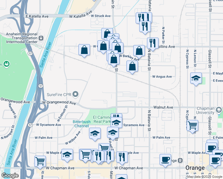 map of restaurants, bars, coffee shops, grocery stores, and more near 1337 West Braden Court in Orange