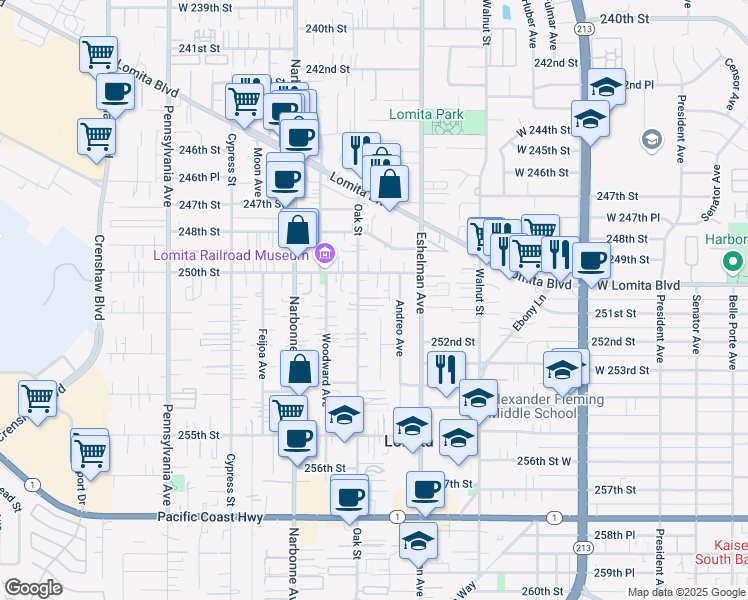map of restaurants, bars, coffee shops, grocery stores, and more near 25030 Oak Street in Lomita