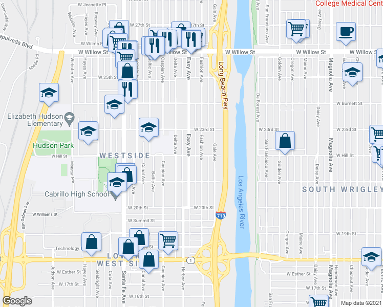 map of restaurants, bars, coffee shops, grocery stores, and more near 2200 Easy Avenue in Long Beach