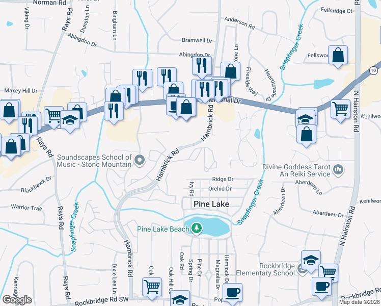 map of restaurants, bars, coffee shops, grocery stores, and more near 720 Hambrick Road in Stone Mountain