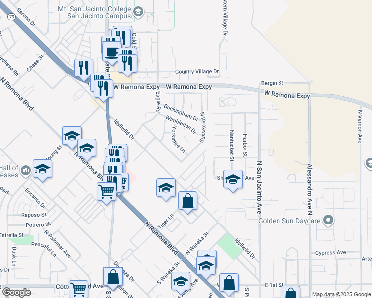 map of restaurants, bars, coffee shops, grocery stores, and more near 813 Yorkshire Lane in San Jacinto