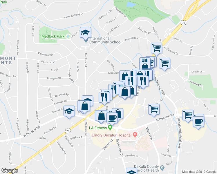 map of restaurants, bars, coffee shops, grocery stores, and more near 318 Tuxworth Circle in Decatur