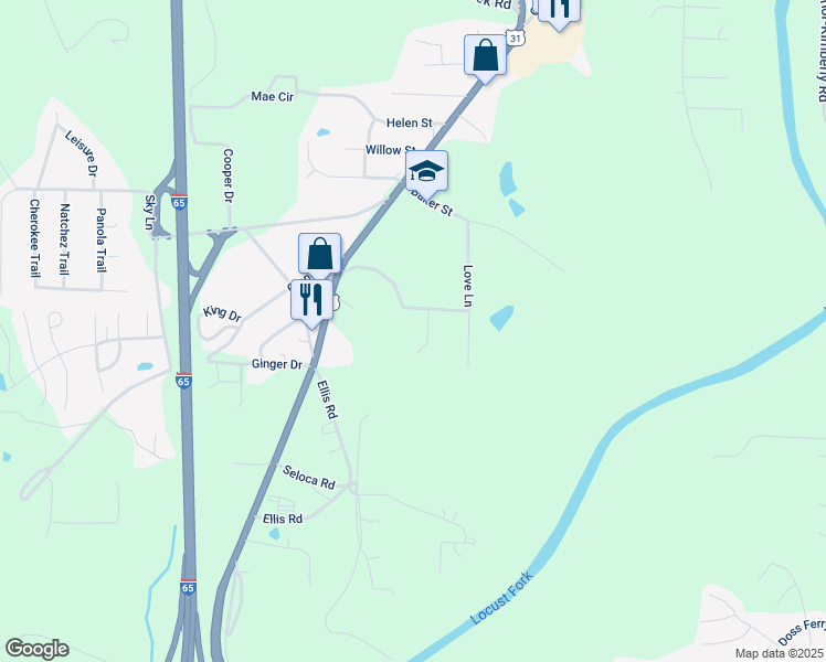 map of restaurants, bars, coffee shops, grocery stores, and more near 1005 Love Lane in Warrior