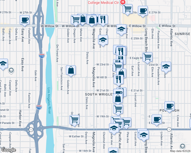 map of restaurants, bars, coffee shops, grocery stores, and more near 489 West Hill Street in Long Beach