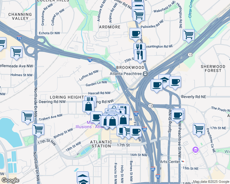 map of restaurants, bars, coffee shops, grocery stores, and more near 294 Hascall Road Northwest in Atlanta