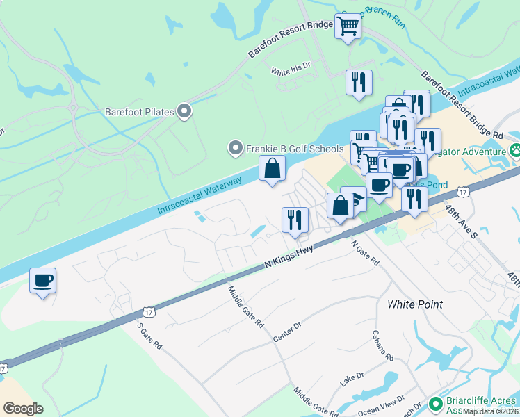 map of restaurants, bars, coffee shops, grocery stores, and more near 1100 Commons Boulevard in Myrtle Beach