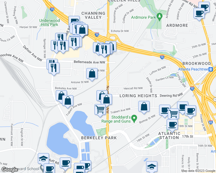 map of restaurants, bars, coffee shops, grocery stores, and more near Northside Drive Northwest & Northside Circle Northwest in Atlanta