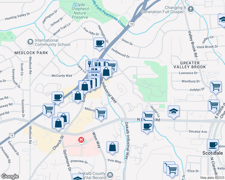 map of restaurants, bars, coffee shops, grocery stores, and more near 685 Dekalb Industrial Way in Decatur