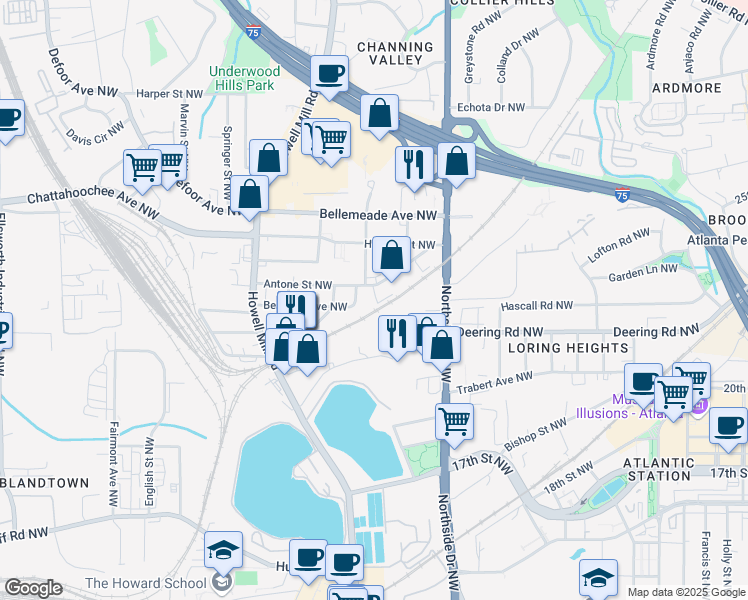 map of restaurants, bars, coffee shops, grocery stores, and more near 701 Antone Street Northwest in Atlanta