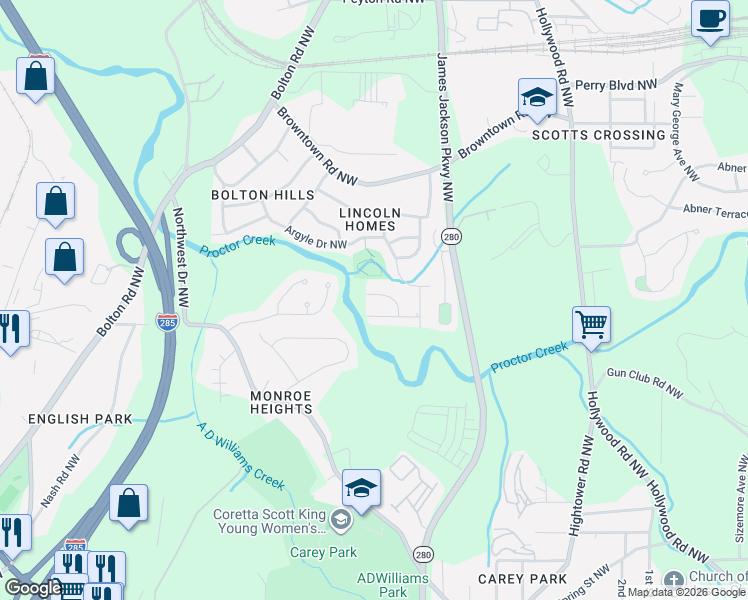 map of restaurants, bars, coffee shops, grocery stores, and more near 1583 Ferno Drive Northwest in Atlanta