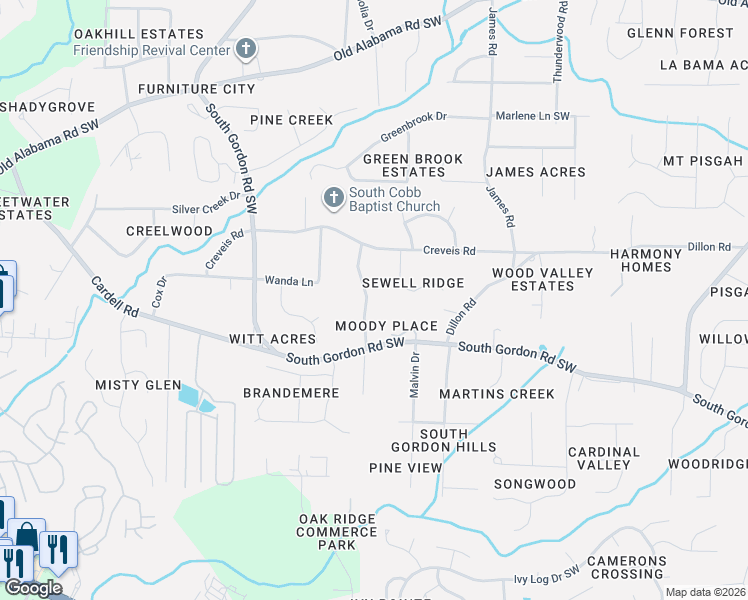 map of restaurants, bars, coffee shops, grocery stores, and more near 6429 Sherwood Trail in Austell