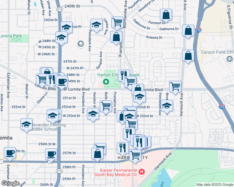 map of restaurants, bars, coffee shops, grocery stores, and more near 25004 Frampton Avenue in Los Angeles