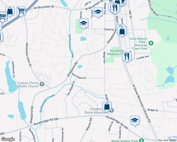 map of restaurants, bars, coffee shops, grocery stores, and more near 5229 Mountain Village Court in Stone Mountain