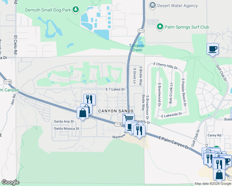 map of restaurants, bars, coffee shops, grocery stores, and more near 106 Desert Lakes Drive in Palm Springs