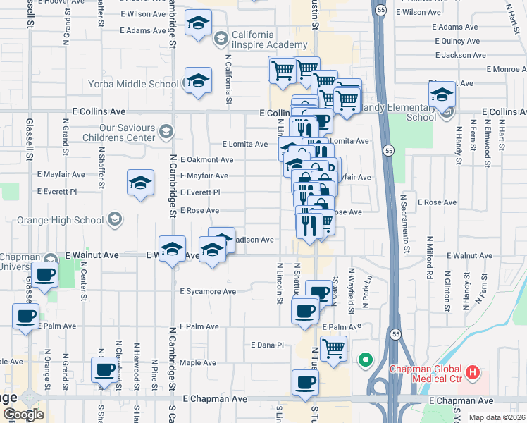 map of restaurants, bars, coffee shops, grocery stores, and more near 1420 East Everett Place in Orange