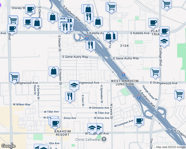 map of restaurants, bars, coffee shops, grocery stores, and more near 105 Rivera Lane in Anaheim