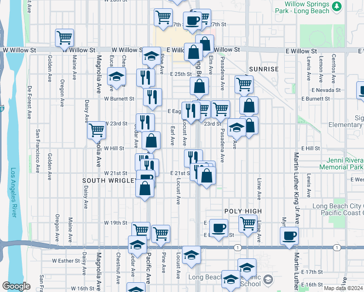 map of restaurants, bars, coffee shops, grocery stores, and more near 2243 Locust Avenue in Long Beach