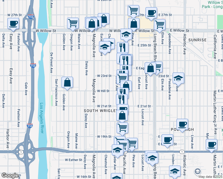 map of restaurants, bars, coffee shops, grocery stores, and more near 2240 Chestnut Avenue in Long Beach