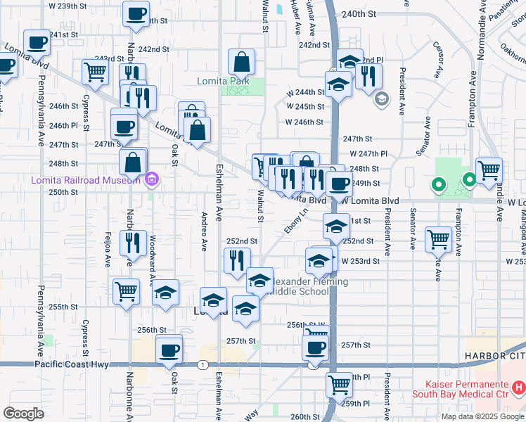 map of restaurants, bars, coffee shops, grocery stores, and more near 25007 Walnut Street in Lomita