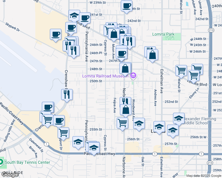 map of restaurants, bars, coffee shops, grocery stores, and more near 2240 250th Street in Lomita