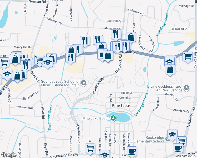 map of restaurants, bars, coffee shops, grocery stores, and more near 699 Windchase Lane in Stone Mountain