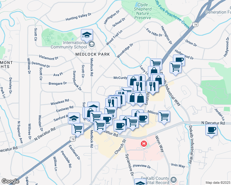 map of restaurants, bars, coffee shops, grocery stores, and more near 318 Tuxworth Circle in Decatur