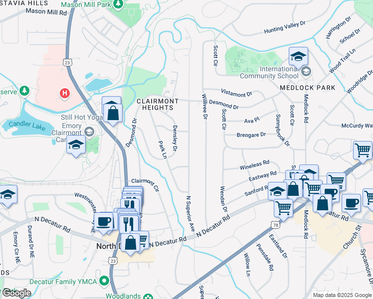 map of restaurants, bars, coffee shops, grocery stores, and more near 698 North Superior Avenue in Decatur