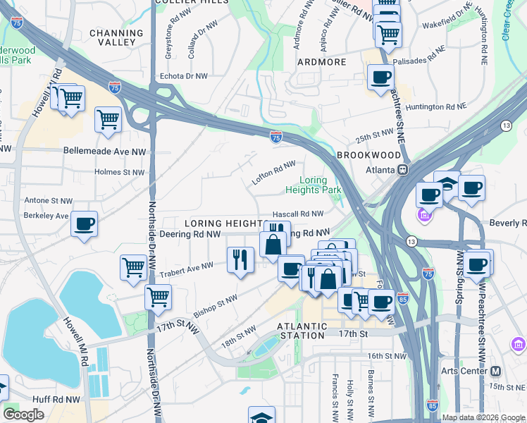 map of restaurants, bars, coffee shops, grocery stores, and more near 399 Hascall Road Northwest in Atlanta