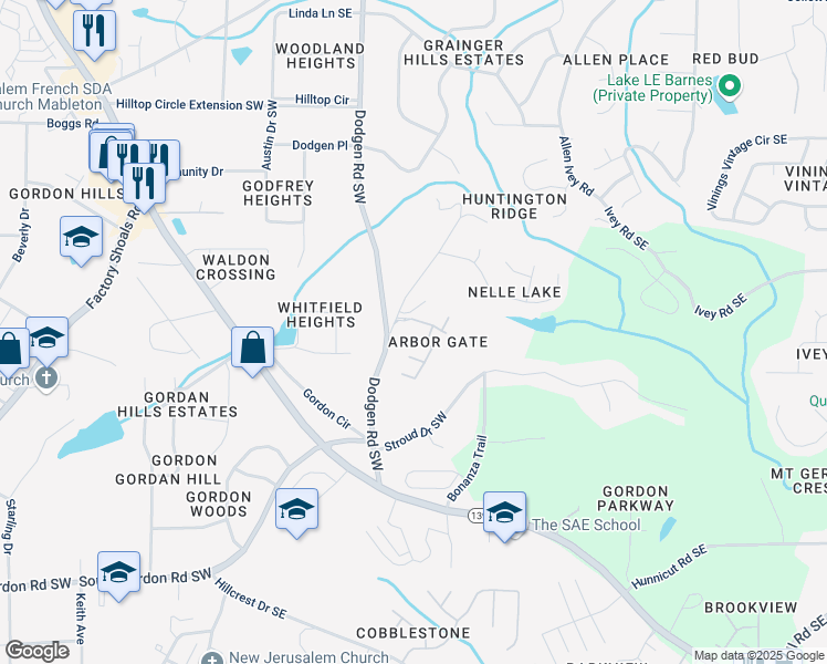 map of restaurants, bars, coffee shops, grocery stores, and more near 6455 Arbor Gate Drive Southwest in Mableton